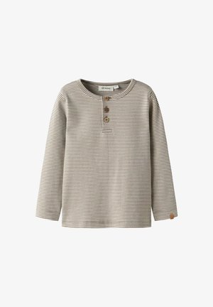 Long-sleeve shirt with a crew neck, featuring beige and brown horizontal stripes, three wooden buttons at the neckline, and a textured fabric.
