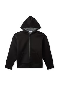 Felpa nera con zip, dotata di una ampia tasca frontale, foderata in morbido grigio all'interno del cappuccio e con polsini a coste sulle maniche. Tessuto liscio.