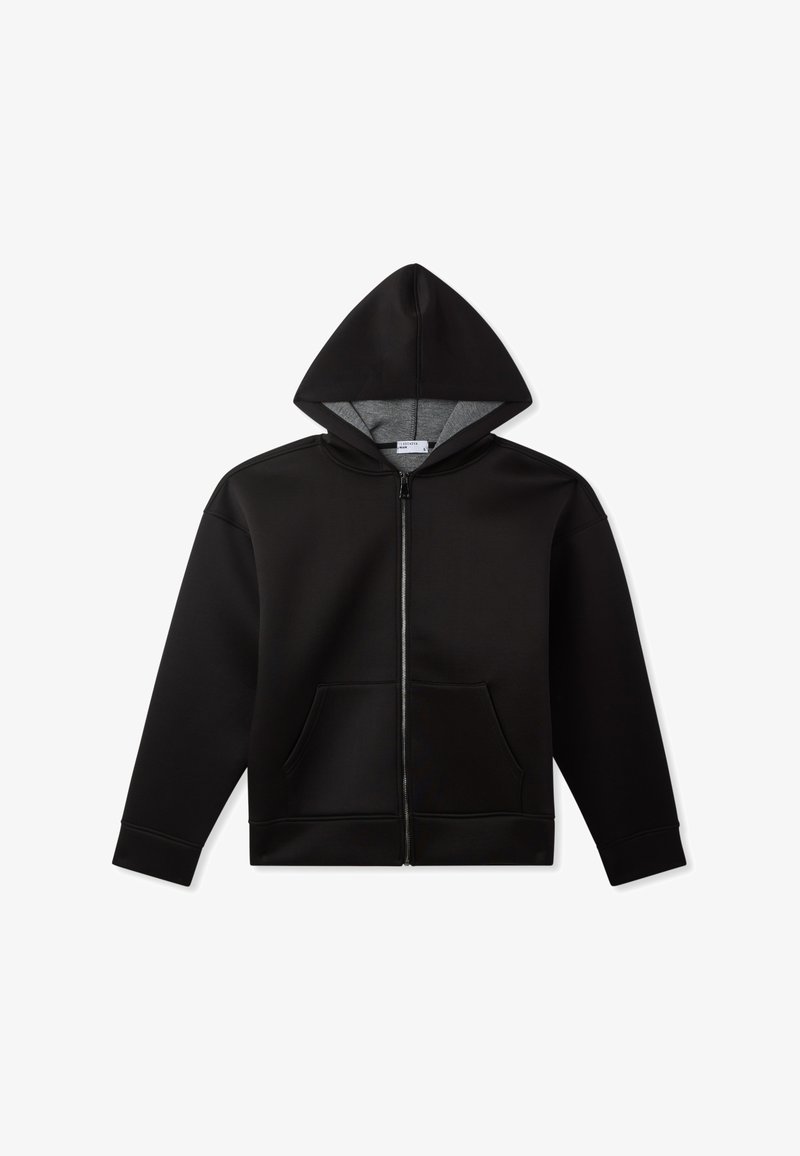 Felpa nera con zip, dotata di una ampia tasca frontale, foderata in morbido grigio all'interno del cappuccio e con polsini a coste sulle maniche. Tessuto liscio.