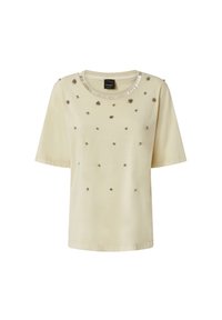 Bež majica kratkih rukava s ukrašenim detaljima i okruglim izrezom s metalnim naglascima. Glatka tkanina sa raspršenim dekorativnim elementima.