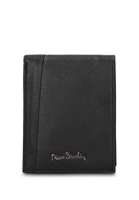 Zwarte leren portemonnee met een textuur, klep aan de bovenkant en een geperst logo rechtsonder. Compact rechthoekig model.