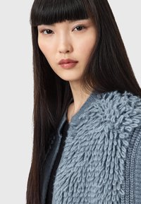 Cardigan lavorato a maglia azzurro chiaro con dettagli a boucle, dotato di collo rotondo e maniche lunghe, indossato sopra una maglia scura.