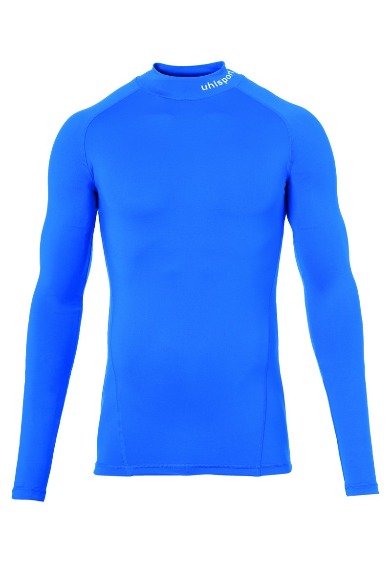 Long-sleeve athletic shirt in bright blue, made from stretchy material. Features a round neck and contrast stitching on the sleeves.