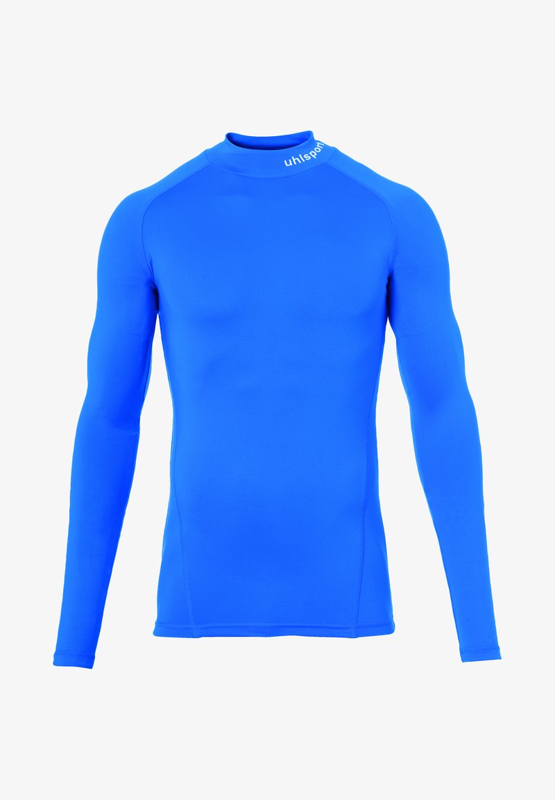 Long-sleeve athletic shirt in bright blue, made from stretchy material. Features a round neck and contrast stitching on the sleeves.