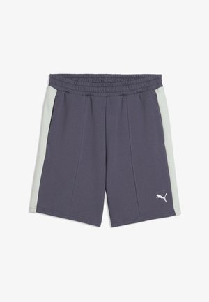 Dunkelgraue Sportshorts mit hellgrauen Seitenteilen und elastischem Bund, mit kleinem weißem Puma-Logo am linken Bein.