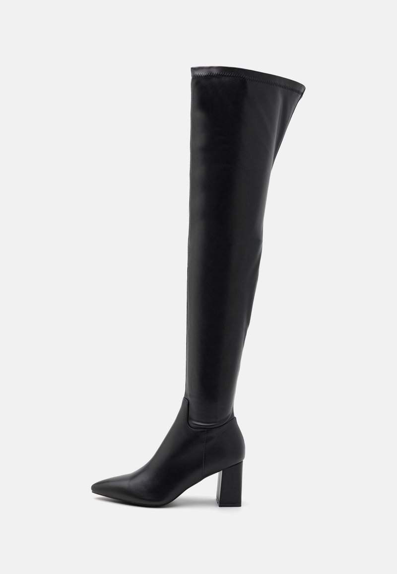 Black over-the-knee boots made of smooth, shiny material. Features a pointed toe and a sturdy square heel. Minimalist design, no patterns.