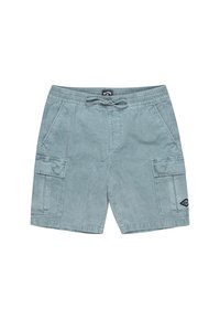 Lichtblauwe cargo shorts gemaakt van zacht materiaal, met een elastische tailleband met trekkoord, zijzakken en een embleem op het onderbeen.