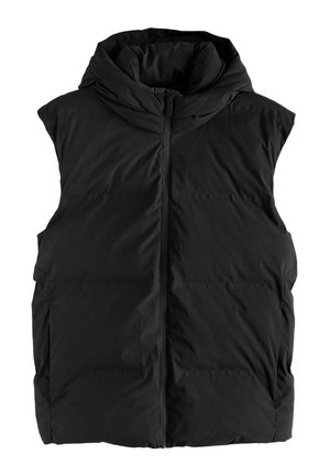 Must must vest, mille varrukatega, kapuutsiga, esi tõmblukuga ja sileda tekstuuriga. Pole nähtavaid mustreid ega aktsente.