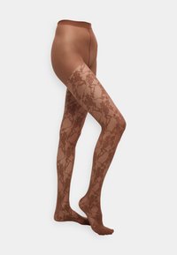 Collants marron à motifs avec une section supérieure transparente et un design floral complexe. Texture lisse avec une finition semi-opaque.