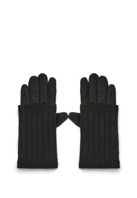 Gants noirs avec un design en tricot côtelé et une texture lisse. Style sans doigts avec un long poignet pour plus de chaleur et de protection.
