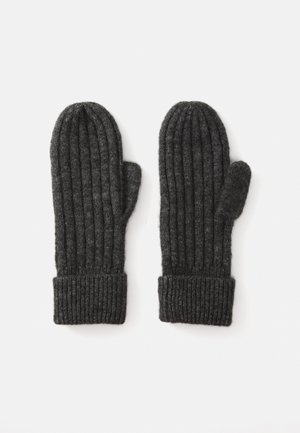 Pair of dark gray mittens made of ribbed knit fabric, featuring a foldable cuff for added warmth and comfort. Simple, functional design.