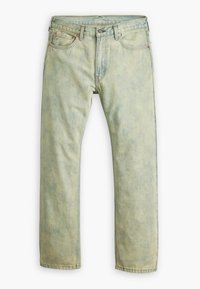 Jeans de mezclilla verde claro con un acabado desgastado, diseño de pierna recta, estilo de cinco bolsillos y herrajes en tono cobre.