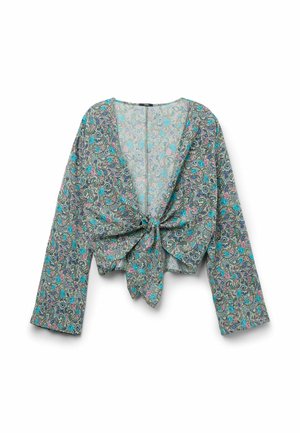 Bavlněná blůza s dlouhými rukávy, květinový paisley vzor v odstínech modré, růžové a fialové. Obsahuje design s uvázáním vpředu a otevřený výstřih.