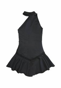 Vestido negro sin mangas con falda acampanada. Tejido suave, dobladillo con forma de concha y detalles de encaje en la cintura. Diseño simple y ceñido.