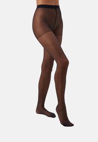Durchsichtige schwarze Strumpfhosen mit einem Pünktchenmuster, einem glatten Griff und einem festen Bund für zusätzliche Unterstützung.