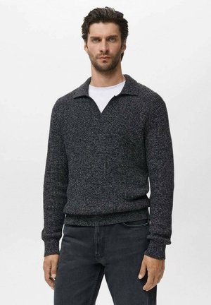 Hombre con cabello y barba oscuros, vistiendo un suéter de punto gris oscuro sobre una camisa blanca y jeans negros, de pie contra un fondo claro y simple.
