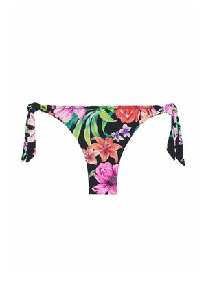 Bas de bikini floral en tissu noir orné de fleurs vibrantes roses, oranges et violettes. Liens ajustables de chaque côté pour un ajustement personnalisé.