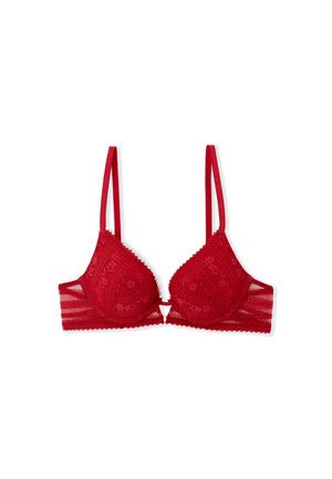 Roter Spitzen-BH mit tiefem Ausschnitt, floralen Mustern, verstellbaren Trägern und gewellten Kanten. Weiches Mesh an den Seiten.