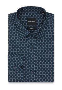Granatowa koszula slim-fit z białymi okrągłymi wzorami, z kołnierzykiem zapinanym na guziki i jedną kieszenią na lewym rękawie. Gładka faktura tkaniny.