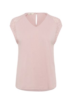 Light pink t-shirt with a V-neck, short sleeves, and lace detail at the shoulders. Features a keyhole closure at the back.
