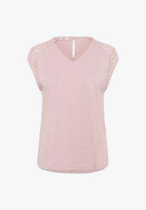 Heled roosa T-särk V-kaeluse, lühikeste varrukate ja pitsidetailidega õlgadel. Tagaküljel on võtmeaugu sulgemine.