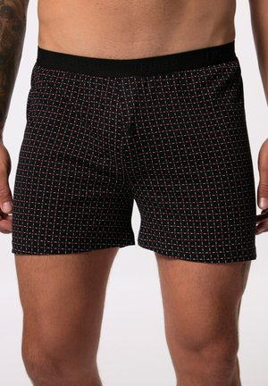 Zwarte boxershorts met een ruitpatroon en rode en witte accenten. Elastische tailleband met "JP1880" merknaam. Zacht materiaal, knoopsluiting.