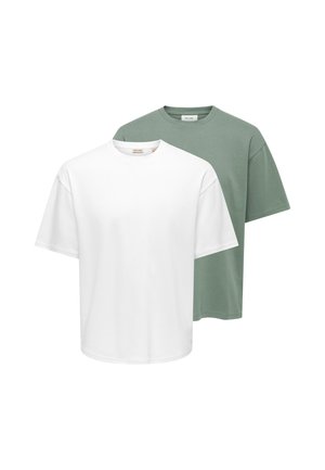 Plain white short-sleeve t-shirt layered in front of a muted green short-sleeve t-shirt, both with crew necks on a white background.