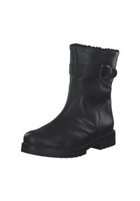 Bottine en cuir noir avec une finition texturée, dotée d'une sangle et d'une boucle, d'un bout arrondi et d'une semelle en caoutchouc crantée basse.