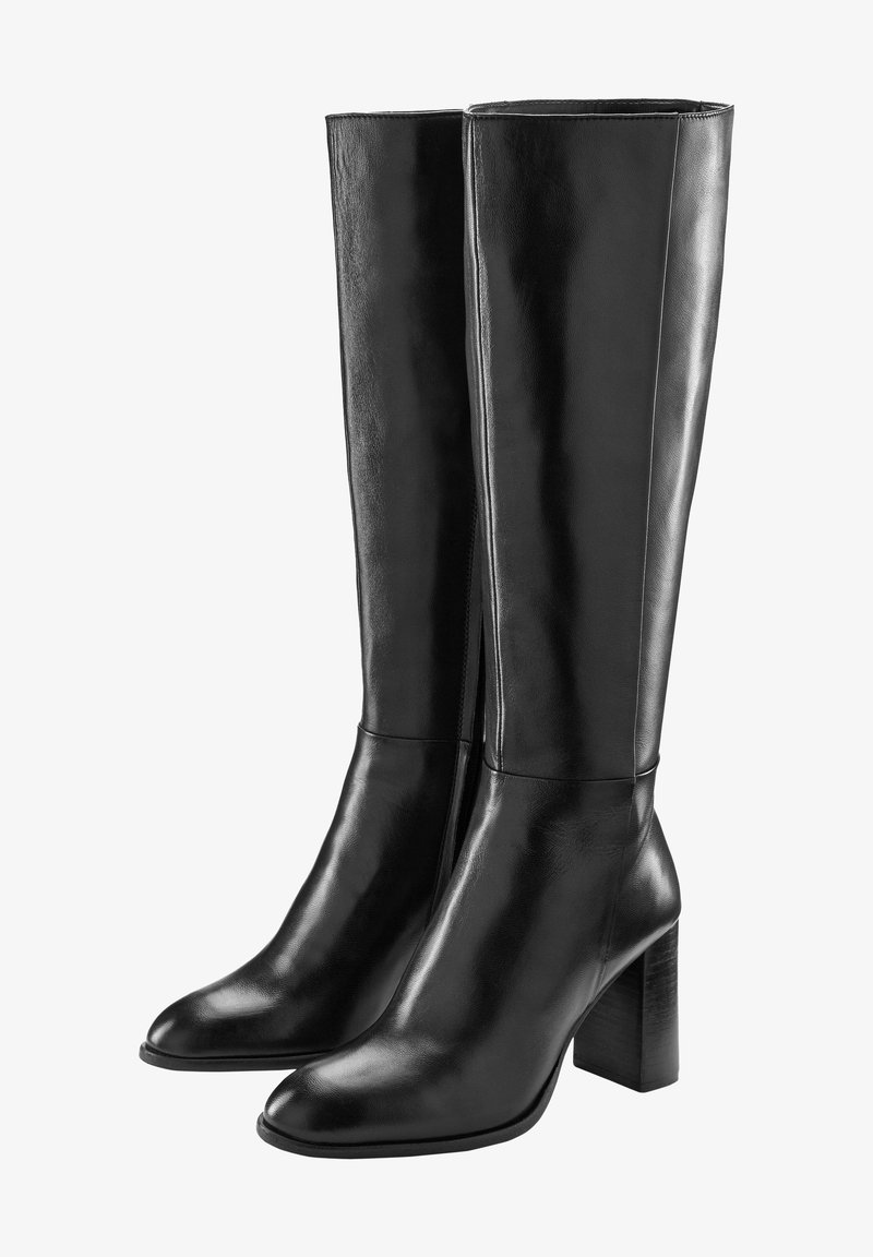Bottes hautes en cuir noir pour femmes, avec talons carrés hauts et bouts pointus, présentées côte à côte sur un fond blanc.