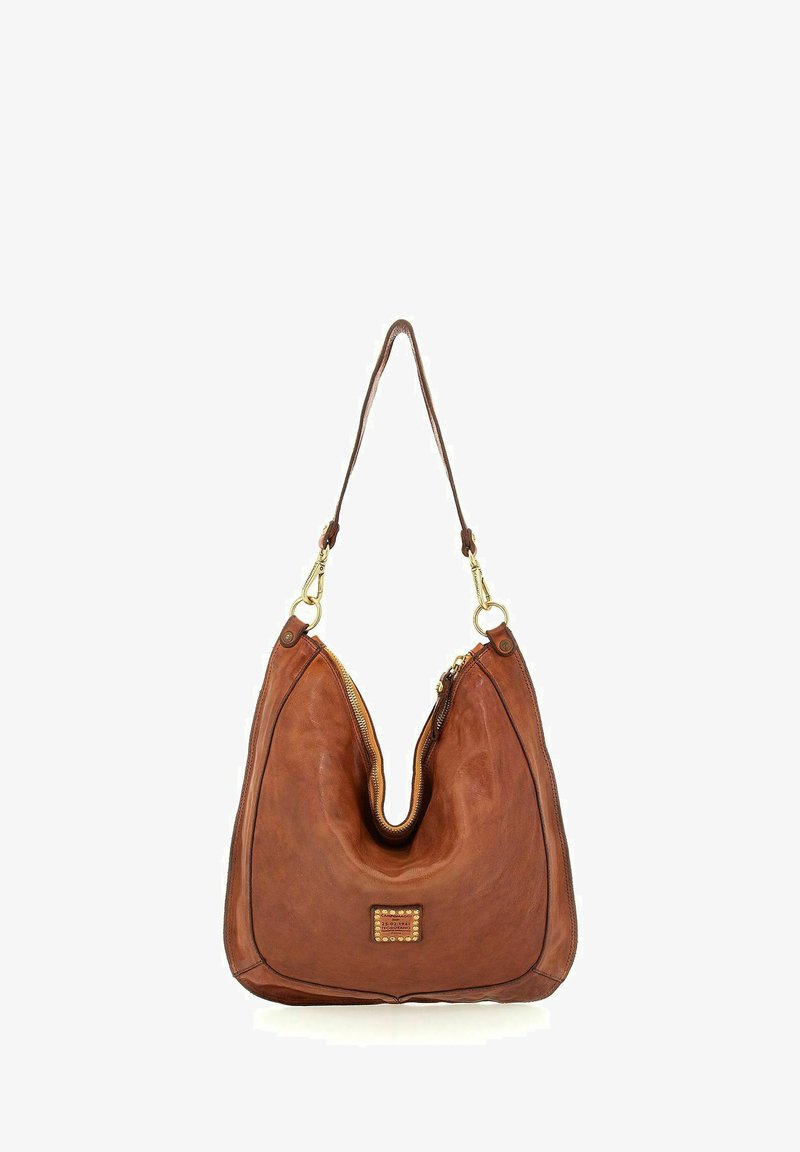 Bruine leren hobo tas met een zachte, slungelige vorm. Goudkleurige hardware en een ritssluiting. Gladde textuur met subtiele stiksels.