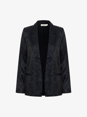 Black blazer made of a textured fabric. Features a notched lapel, open front, and two front pockets. Smooth inner lining.