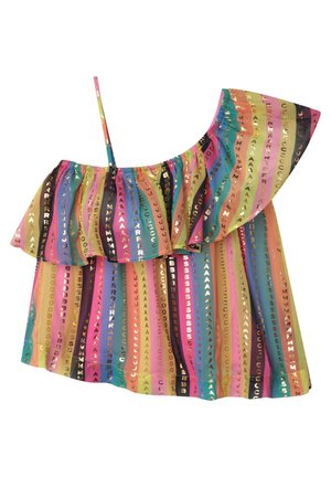Kolorowy top bez rękawów z falbanką na jedno ramię, z poziomymi paskami w kolorach różowym, niebieskim i pomarańczowym. Błyszczące złote litery jako akcenty.