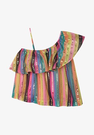 Kolorowy top bez rękawów z falbanką na jedno ramię, z poziomymi paskami w kolorach różowym, niebieskim i pomarańczowym. Błyszczące złote litery jako akcenty.