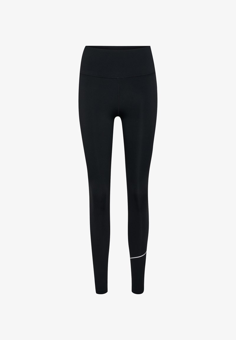 Zwarte leggings met een hoge tailleband, gemaakt van rekbaar materiaal. Heeft een strak ontwerp en een subtiele witte accent bij de enkel.