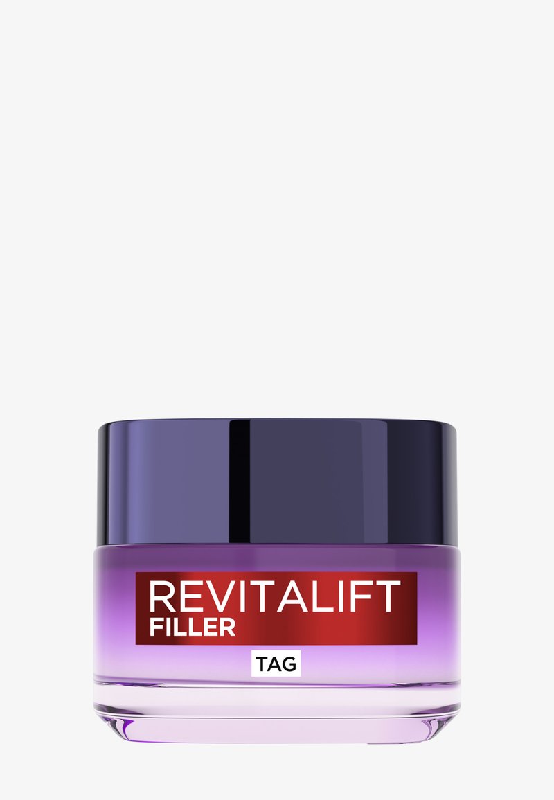 Paarse glazen crèmepot met een glanzend zwart deksel. Het voorlabel leest "REVITALIFT FILLER" in witte en rode tekst. Glad, modern ontwerp.
