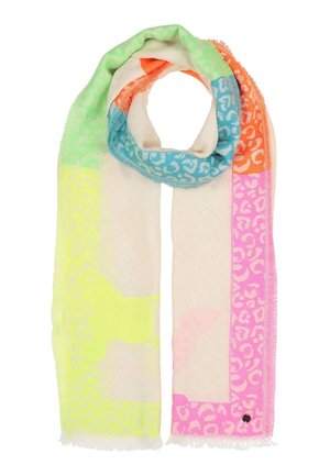 Long rectangular scarf with neon green, yellow, blue, orange, and pink leopard print patterns on cream background.