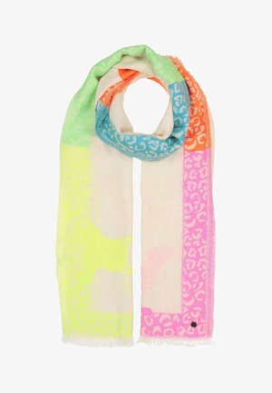 Long rectangular scarf with neon green, yellow, blue, orange, and pink leopard print patterns on cream background.