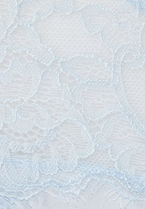 Light blue lace fabric featuring floral patterns with embroidered detailing. The material is delicate, with a textured, layered appearance.
