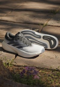 Chaussures de course gris et blanc avec des rayures noires placées sur un chemin en pierre, la lumière du soleil projetant des ombres, avec de petites fleurs violettes à proximité.