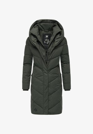 Abrigo acolchado verde con capucha, diseño acolchado, cierre frontal con cremallera y bolsillos laterales. Tela suave y lisa con acabado mate.