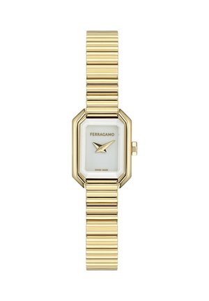 Gold-toned Ferragamo wristwatch with a rectangular white face, gold hands, and a ribbed metal bracelet band.