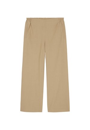 Pantalon beige à jambes larges avec taille élastique et poches latérales fendues, adapté pour un usage décontracté ou professionnel.
