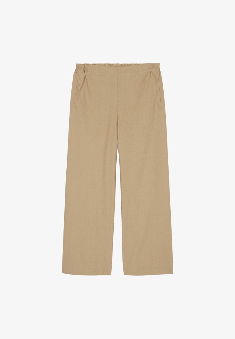 Pantalon beige à jambes larges avec taille élastique et poches latérales fendues, adapté pour un usage décontracté ou professionnel.