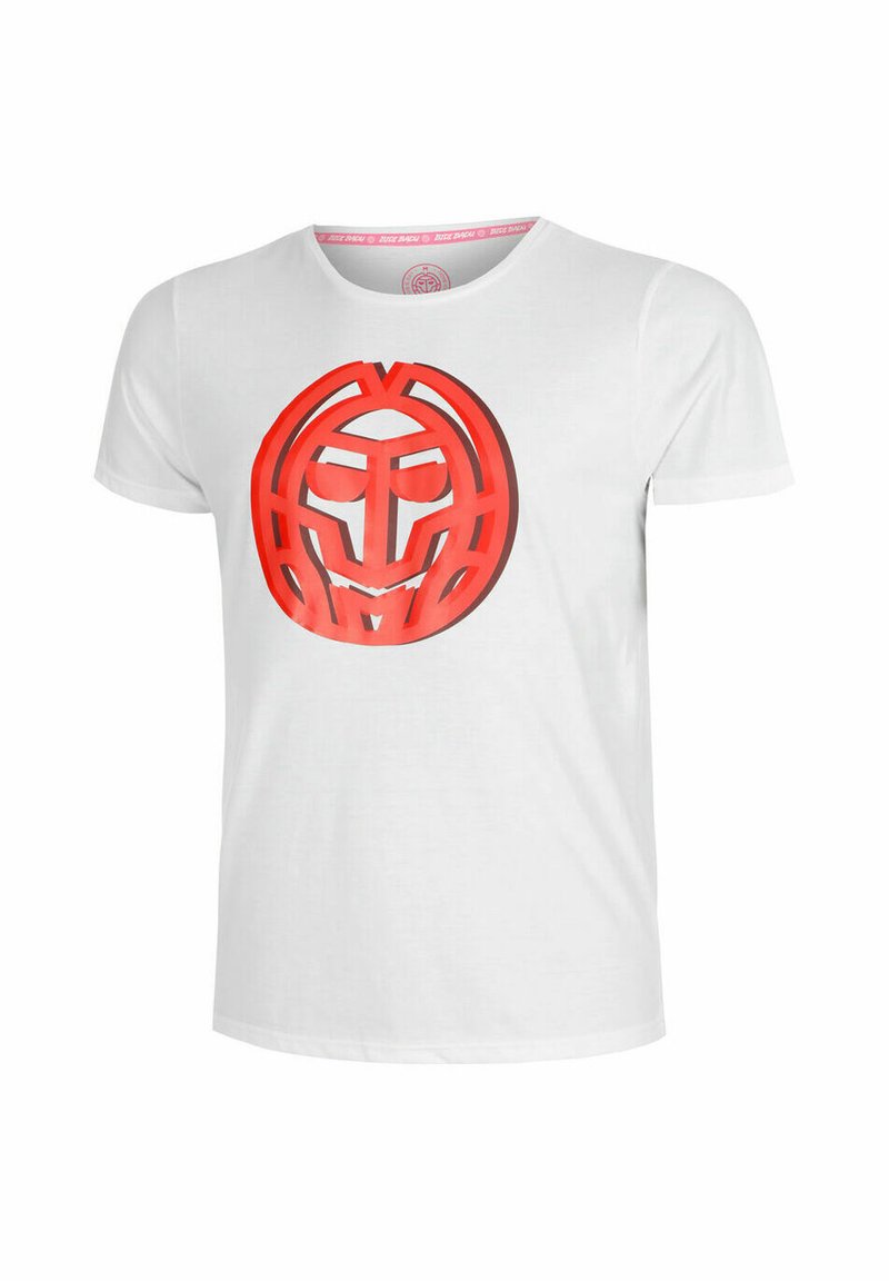 Camiseta de algodón blanca con un gran diseño gráfico rojo de una cara con características y líneas geométricas en la parte delantera. Mangas cortas, escote redondo.