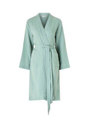 Hellgrüner, strukturierter Baumwollbademantel mit langen Ärmeln, zwei Vordertaschen und einem herabhängenden Taillengürtel.