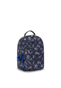 Zaino in tessuto blu scuro con motivo floreale. Presenta una maniglia superiore, scomparti con zip e un accessorio portachiavi peloso blu.