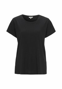 Sort T-shirt lavet af blødt stof, med rund hals, korte ærmer, afslappet pasform og en glat tekstur. Simpelt og alsidigt design.