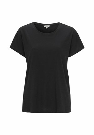 Black T-shirt made of soft fabric, featuring a round neck, short sleeves, relaxed fit, and a smooth texture. Simple and versatile design.
