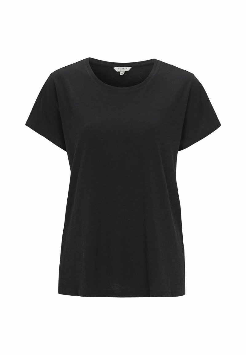 Sort T-shirt lavet af blødt stof, med rund hals, korte ærmer, afslappet pasform og en glat tekstur. Simpelt og alsidigt design.