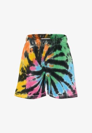 Multicolor tie-dye short met elastische tailleband, met spiraalpatronen in zwart, geel, roze, blauw, groen en oranje.